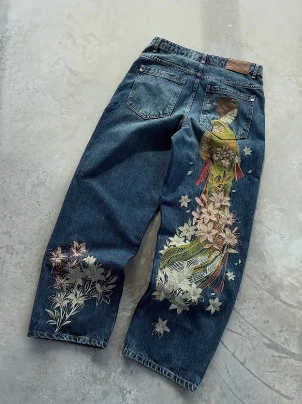 

Street Style Embroidered Casual Jeans Loose Wide Leg Pants Men's Trendy Floral Patterned Bootcut Jeans Natural Waist Blue