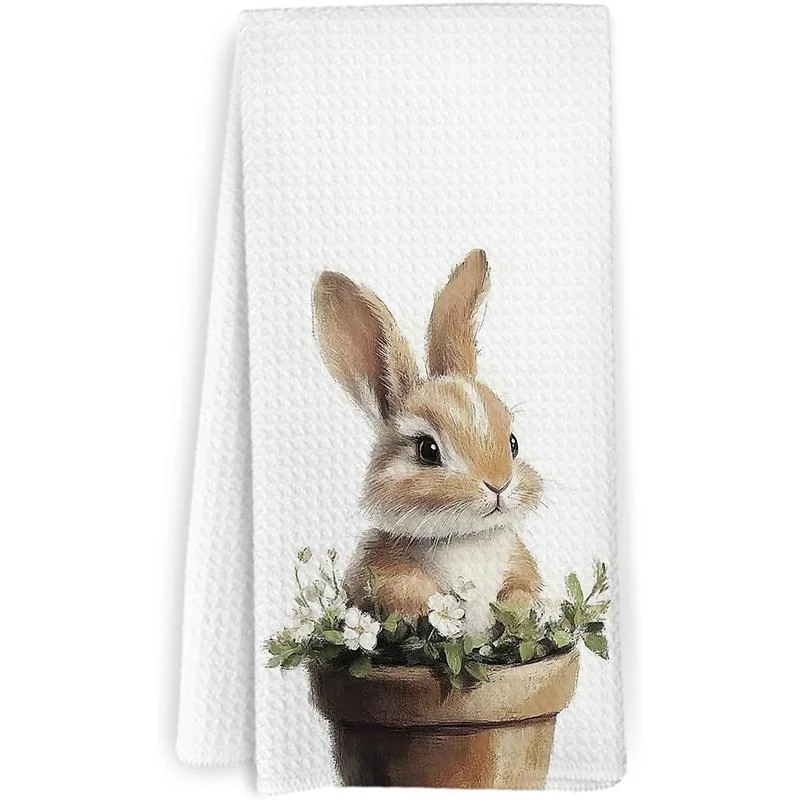 1 Piece Flowerpot Rabbit Print Kitchen Towel, Dish Towel, Hand Towel, Kitchen Decorative Towel, Neighbor Gift, Sweet Housewarming Gift for Friends, Mom Gift, Friend Birthday Gift
