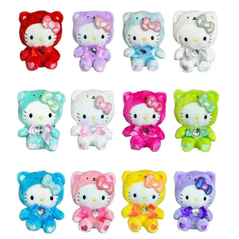 

Sanrio радужная серия на день рождения, красочные плюшевые брелки «Hello Kitty», мягкая подвеска с драгоценным камнем и бантом, плюшевые брелки с котенком, детский подарок на день рождения