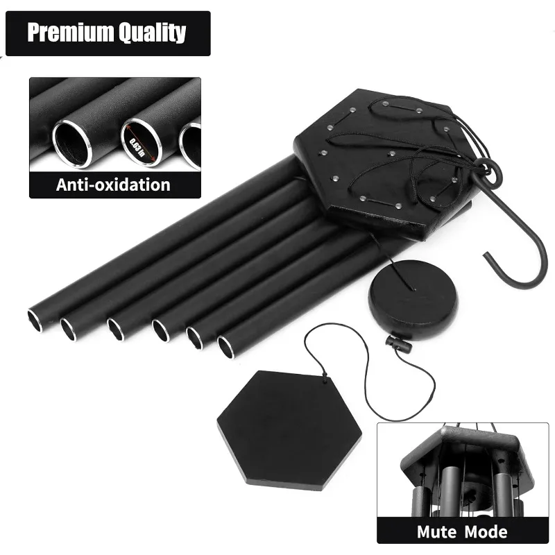 Vent en aluminium épais à tons profonds pour l'extérieur, cadeau de sympathie, vent commémoratif, 6 tubes, noir, tendance, 32 po