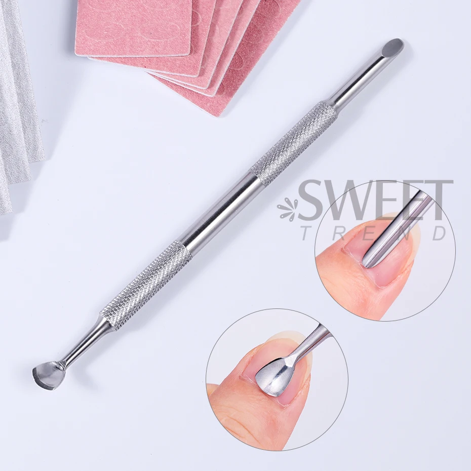 ダブルヘッドステンレス鋼キューティクルリムーバーネイルプッシャー自己粘着サンド 180 #   爪やすり 研磨サンドペーパーセット マニキュアツール