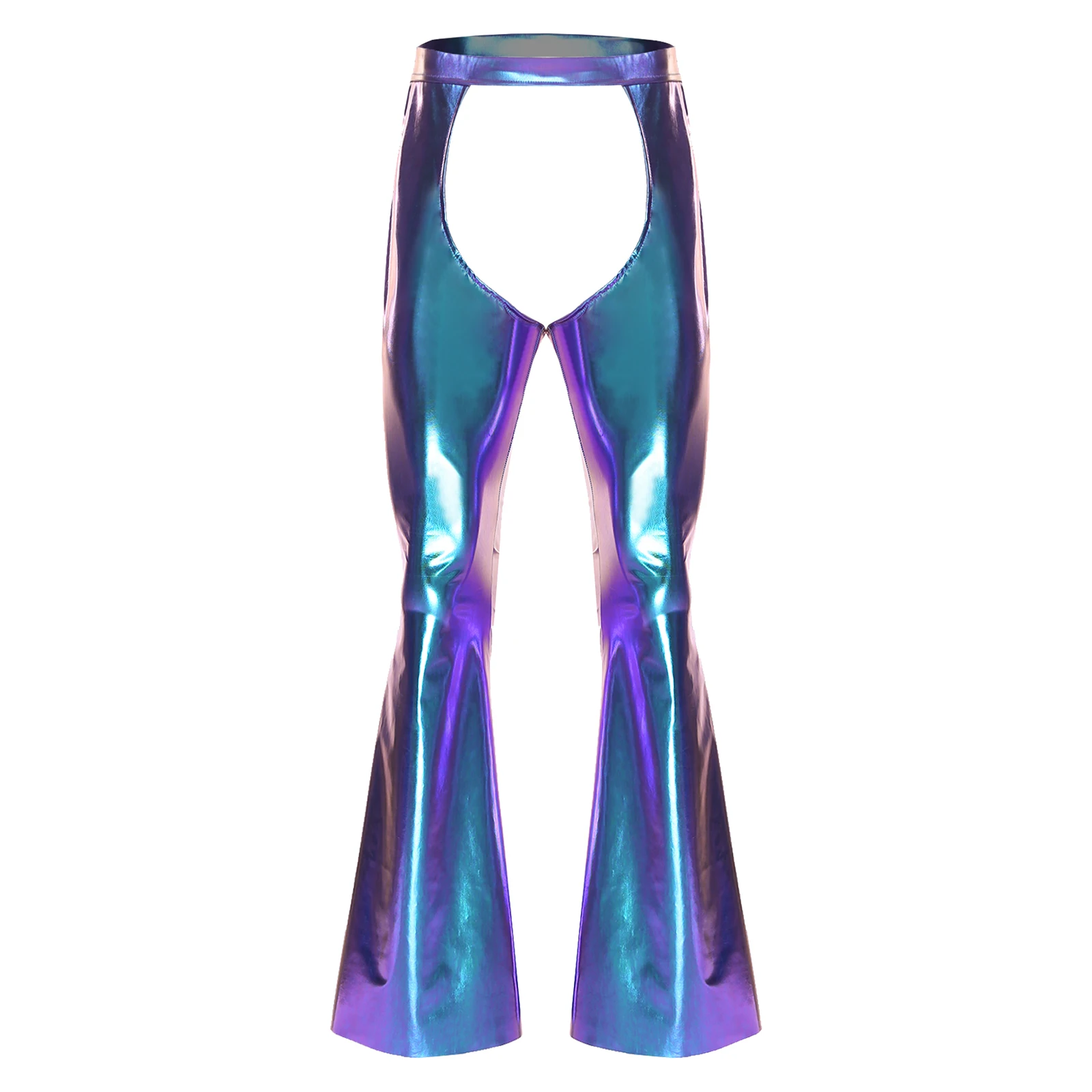 Mens Lingerie Open Crotch Metallic Chaps Flared Pants Elastic Waistband Bell-Bottom Trousers Club Stage Performance Costume
