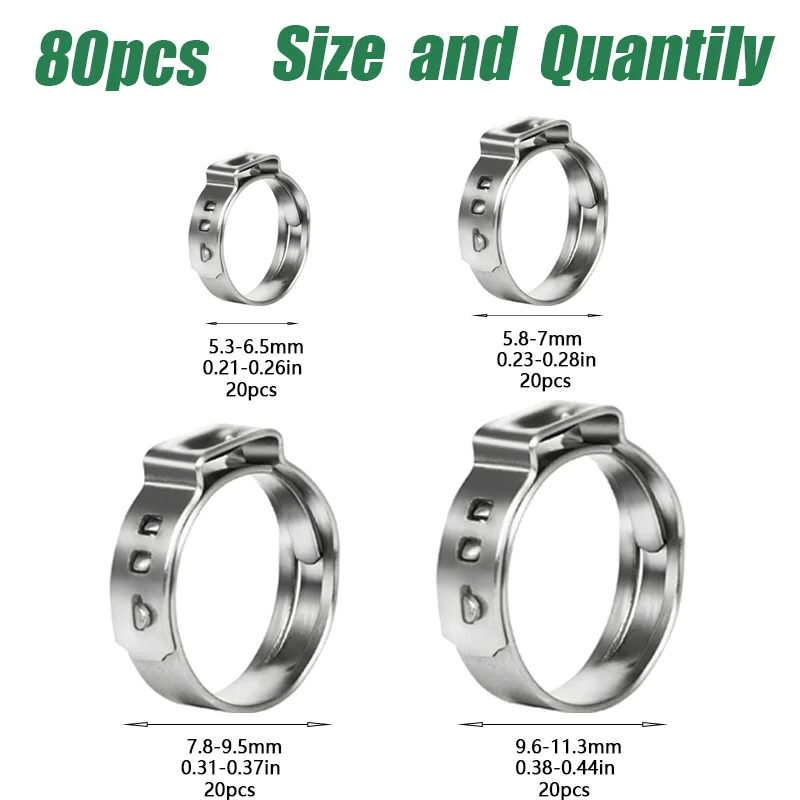 80pcs Hose Clamps 5.3-11.3mm Single Ear Stepless 304 Stainless Steel Hose Clamps Cinch Clamp Rings for Sealing Kinds