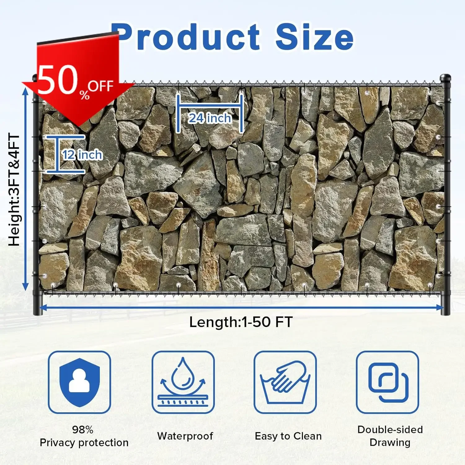 

XMSJ.4'x49'Customized PVC Printed Balcony Privacy Screen Fence, 450 GSM Outdoor Fence Cover with Zip Ties, Realistic Stone Wall