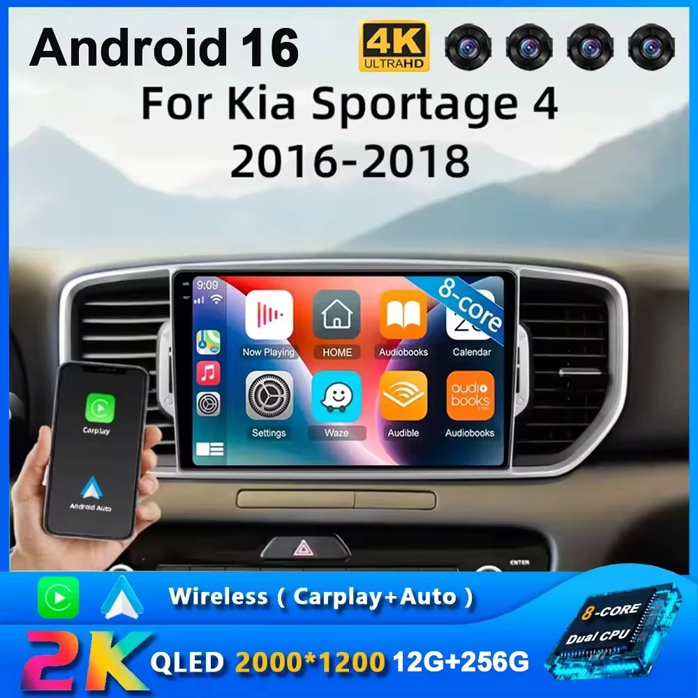 Android 16 Car Radio Carplay For Kia Sportage 4 QL 2016 - 2018 Navigation GPS Multimedia Player Stereo Wifi+4G Auto BT 360Camera