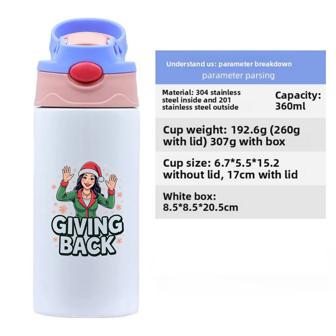 Tasse thermique en acier inoxydable 304, tasse en paille pour enfants, cadeau de noël, dessin animé mignon, fille de noël avec fond de flocon de neige rose