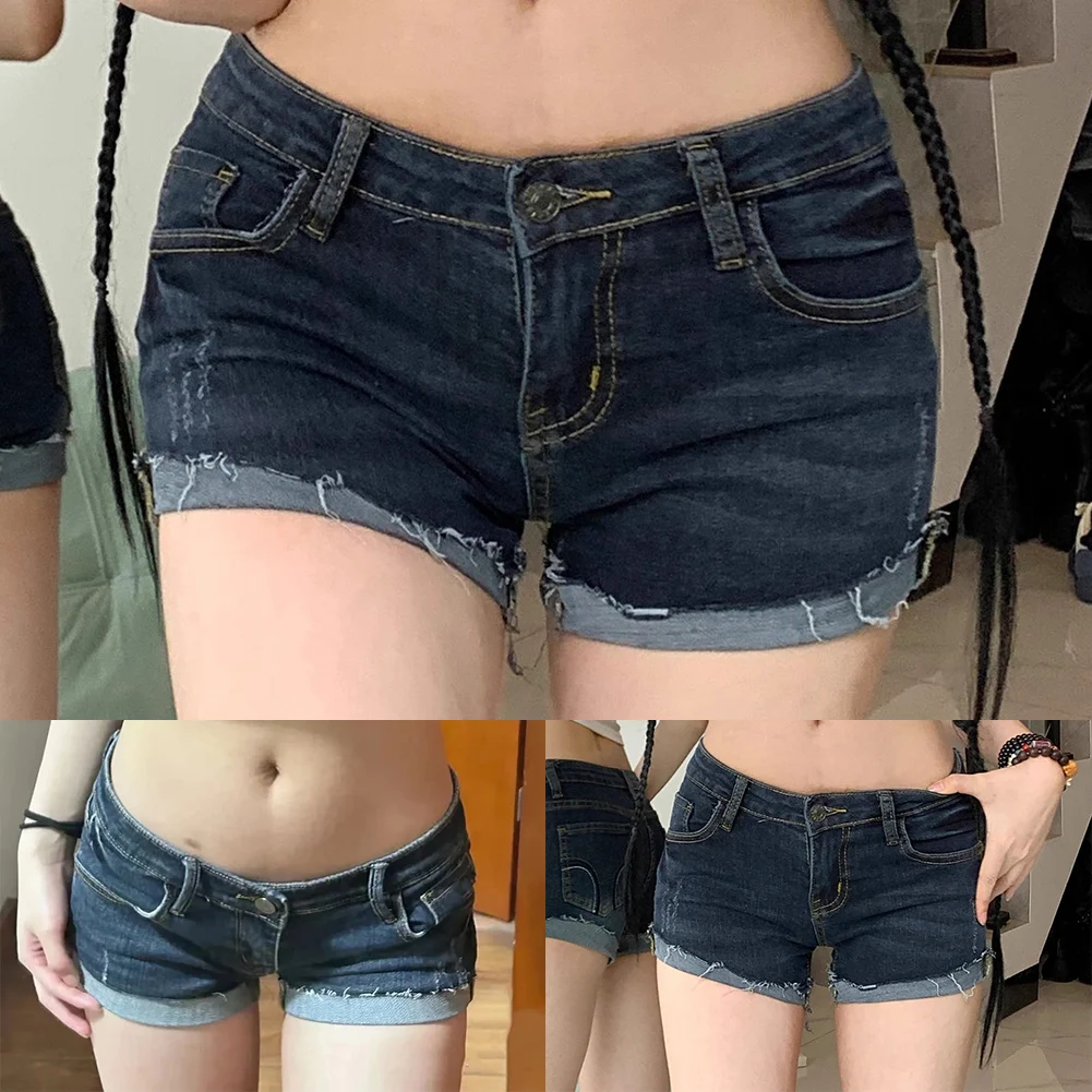 Shorts für den täglichen Gebrauch, niedrige Taille, elastische Passform, Retro-Shorts, blau, bequeme Passform, modische Shorts, lockerer Cargo-Stil