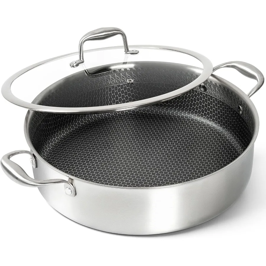 Dreischichtige Edelstahl-Sauteuse 6 Quart Tiefe Bratpfanne mit Deckel 18/10 Große Sauteuse mit Antihaftbeschichtung Oneycom Innenbeschichtung Induktionsgeeignet