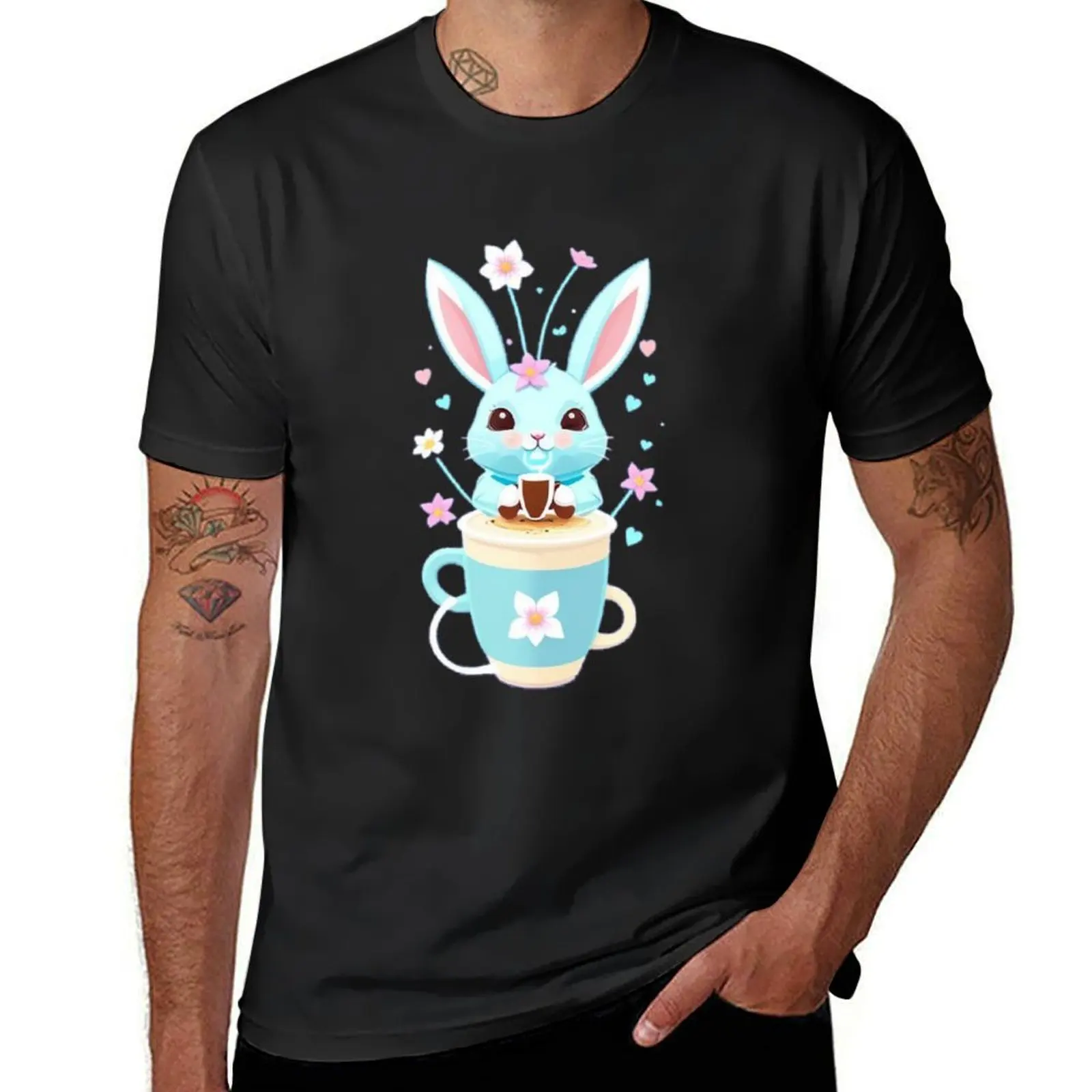 Cute bunny drinking chocolate cartoon kids teens fashion T-shirt oversizeds cute clothes heavyweight t shirts for men