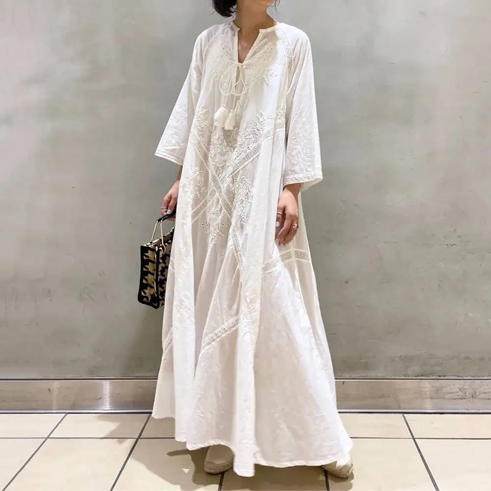 

2026 Summer Women Vintage A Line Dress Japanese Elegant Loose Tie Waist Casual Midi Dress