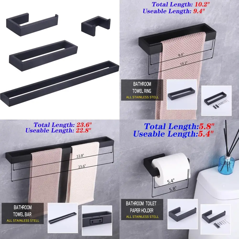 

Stainless Steel Bathroom Accessory Set: 4-Piece Towel Bar, Toilet Paper Holder, Towel Ring, Hooks - Wall Mount, Medium Size, Lon