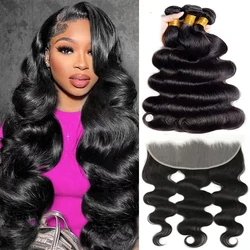 28 30 32 Inch Body Wave Human Hair Bundles With Closure 13x4 HD Lace Frontal With Bundle Human Hair Weaving Double Weft Tissage