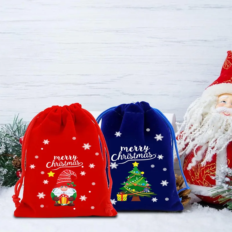 50pcs/lot 10*12cm Red/Blue/Green Christmas Gift Candy Packaging Children's Bags Santa Claus Snowman Velvet Drawstring Pouches