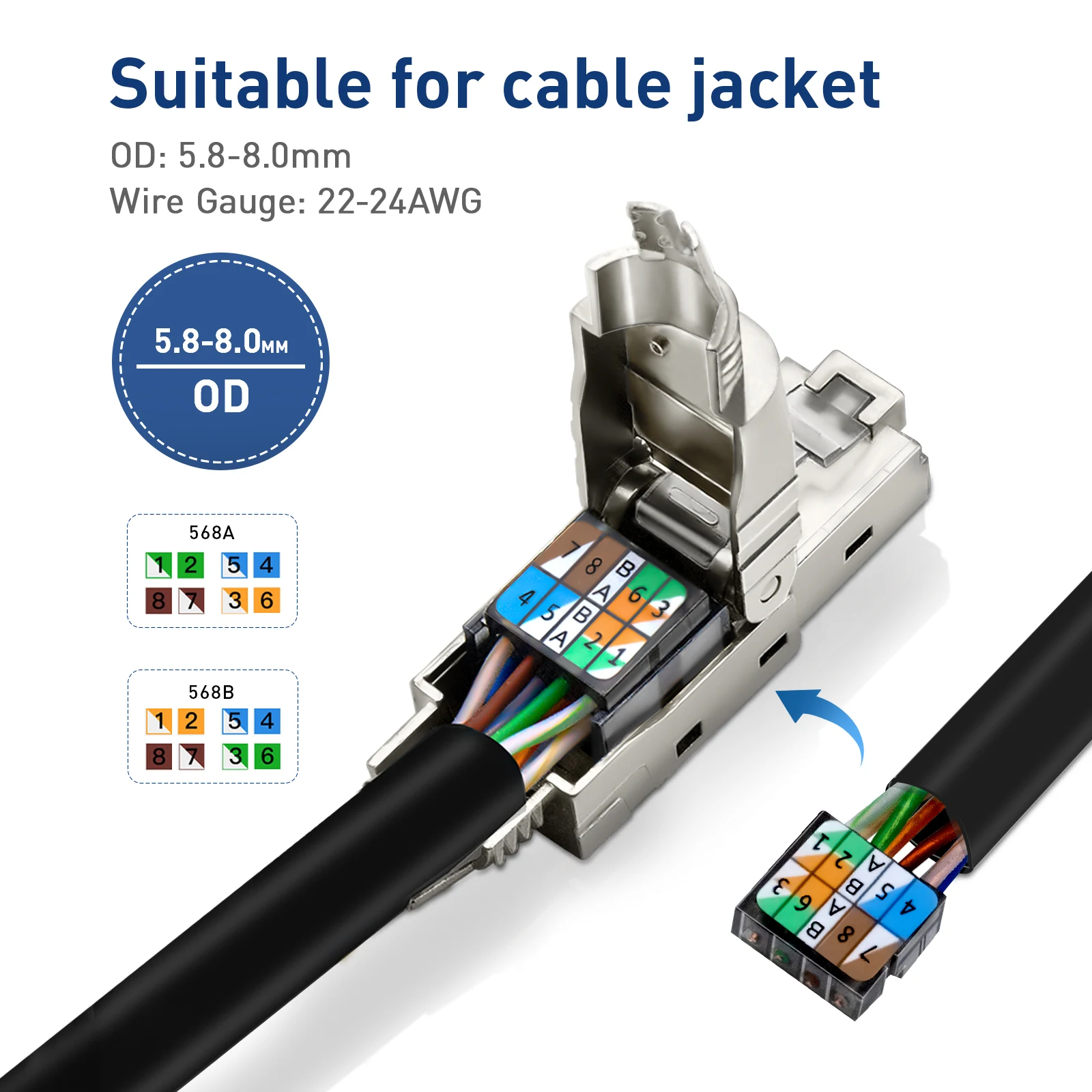 ZoeRax 1PCS RJ45 Cat8 Cat7 Cat6A Connector RJ45 Shielded Toolless Modular Termination Plug 2000MHz 40G LAN Cable for 22AWG-24AWG
