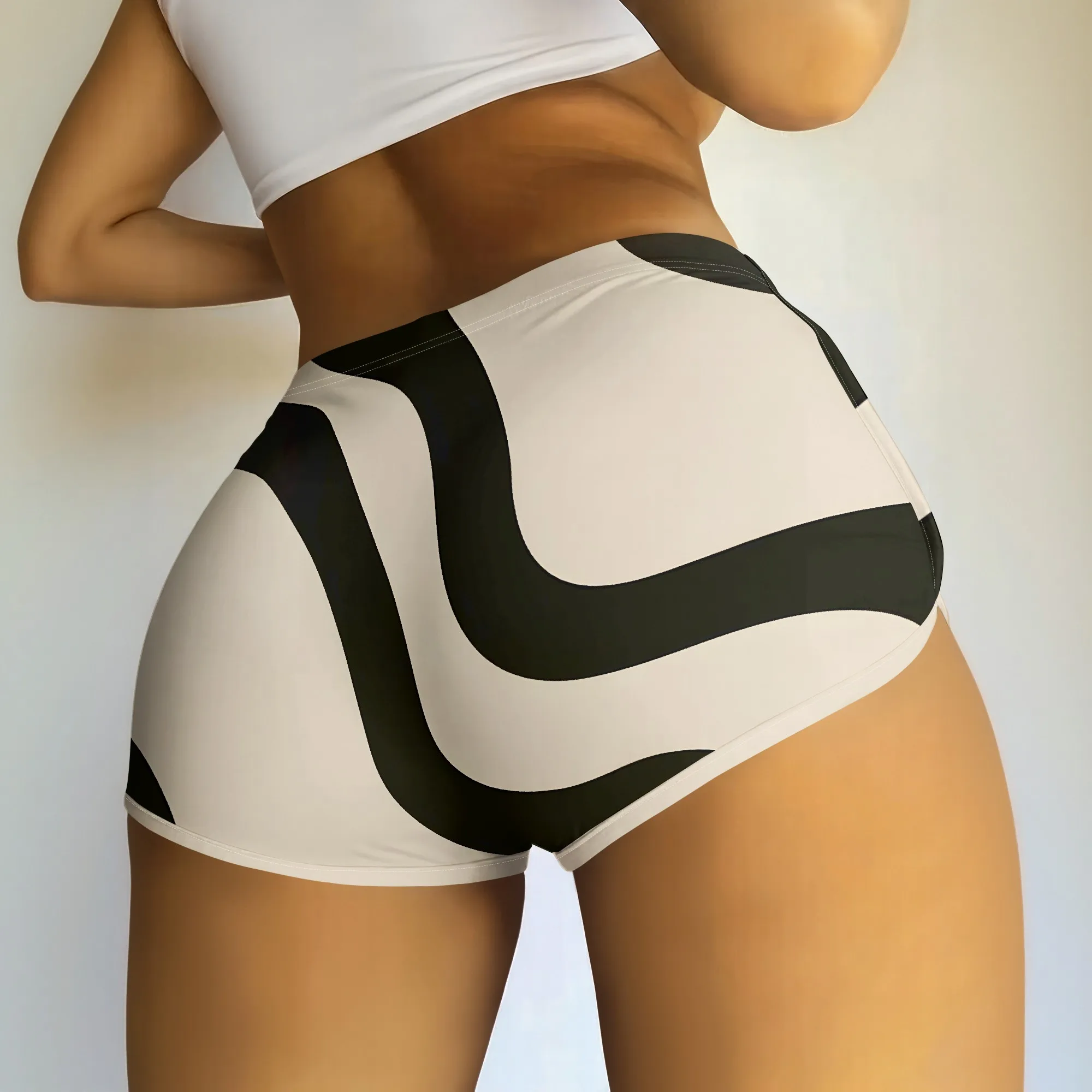 Wavy Print Shorts, Black White Pattern, High Waist Design, Stretchy Fabric, Women's Gym Wear, S-2XL