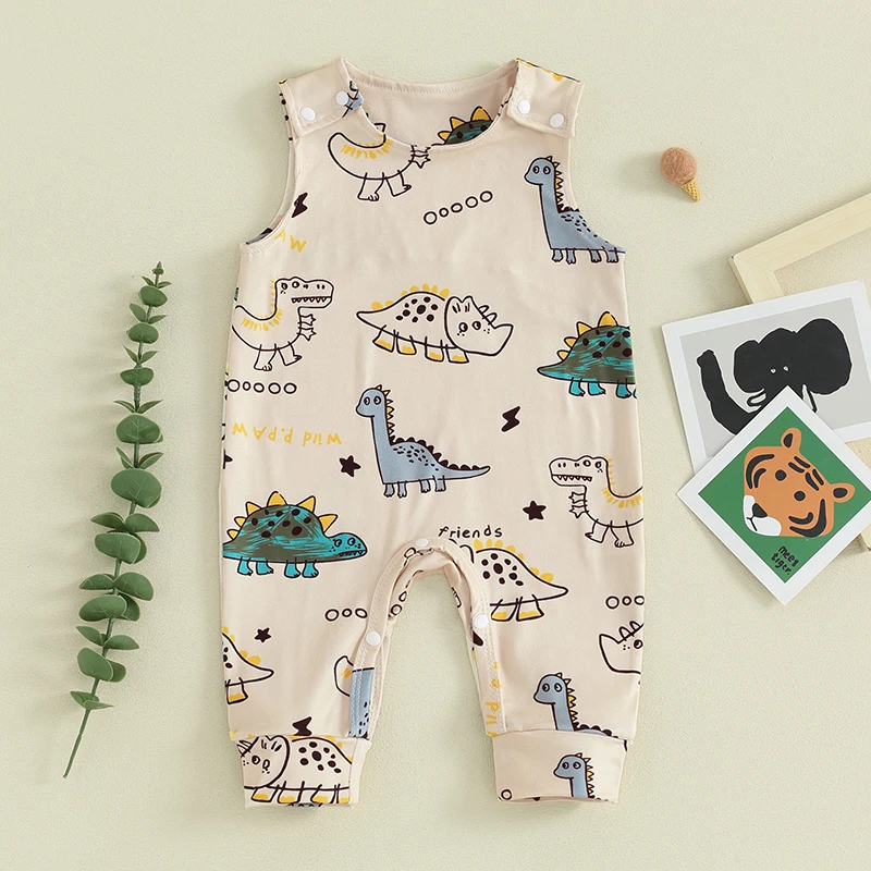 

Baby Boys Summer Casual Jumpsuits Infant Sleeveless Crew Neck Dinosaur Print Button Romper Toddler Holiday Clothing