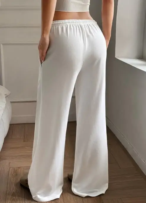 Pantalon de sport et de loisirs à jambes larges pour femmes, couleur unie, taille haute, sangle cintrée avec poche, été