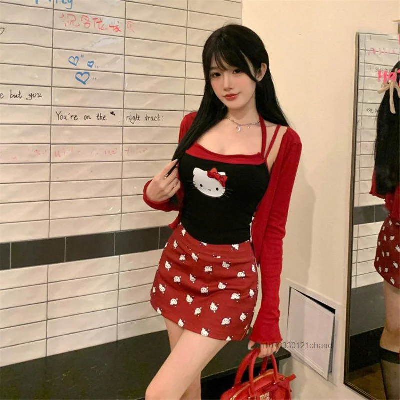 Sanrio Hello Kitty Cute Cartoon Printed Clothes Summer New Design Sweet Spicy Y2k Girl Suit  Korean Style Fashion Trend Red Sets