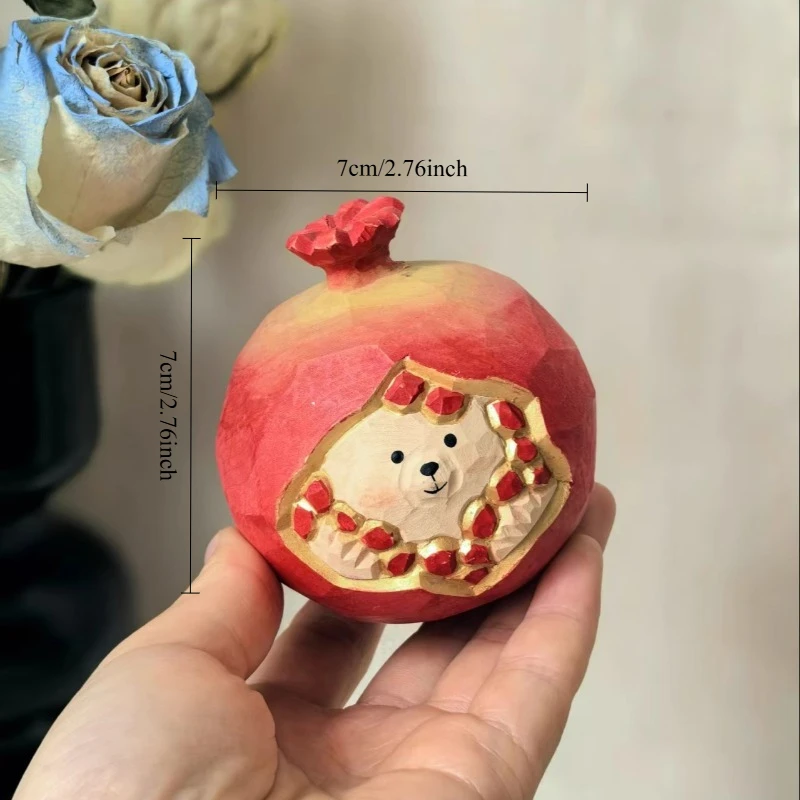 1 PC Pomegranate Wooden Ornament HandCarft Fruit Figurine Cartoon Style Desk Miniatures Symbol of Fertility Blessing Home Decor