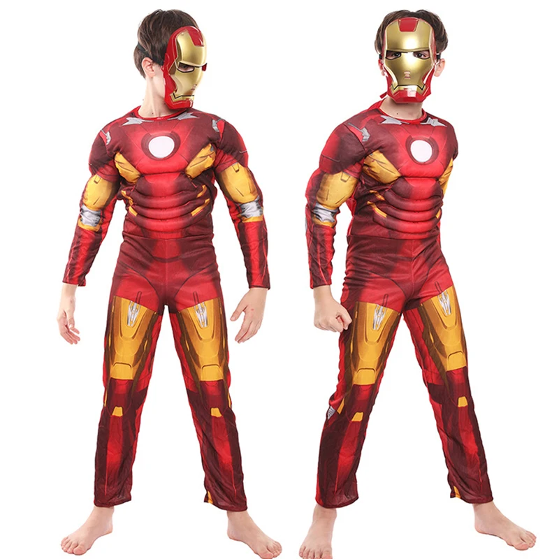 Childen Iron Man Muscle Costume for Kids Superhero Iron Man Cosplay Costume Jumpsuit Mask Gloves Suit Halloween Costume Child