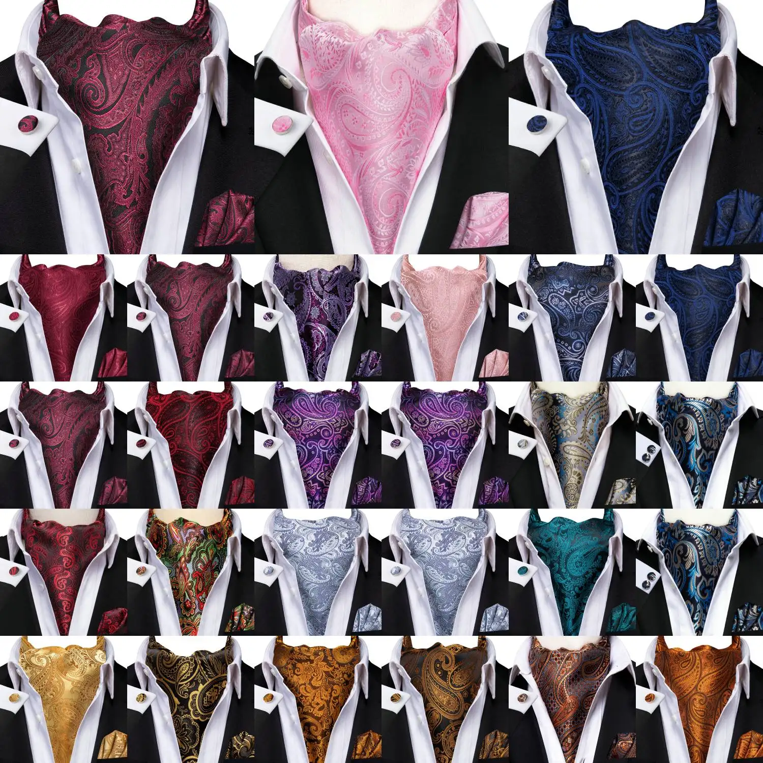 

Мужской модный роскошный комплект галстука Ascots с узором пейсли, запонками и носовыми платками для повседневного повседневного отдыха