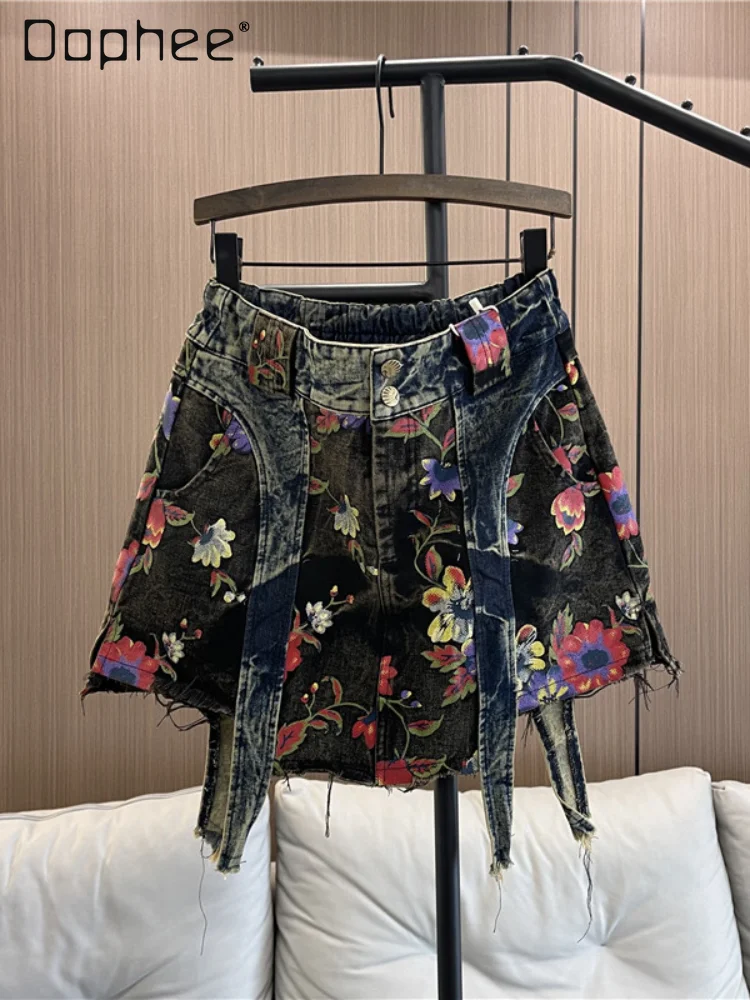 

European Goods Vintage Floral Washed Distressed A- Line Short Skirt 2024 Spring Summer New High Waist Denim Skirt for Women