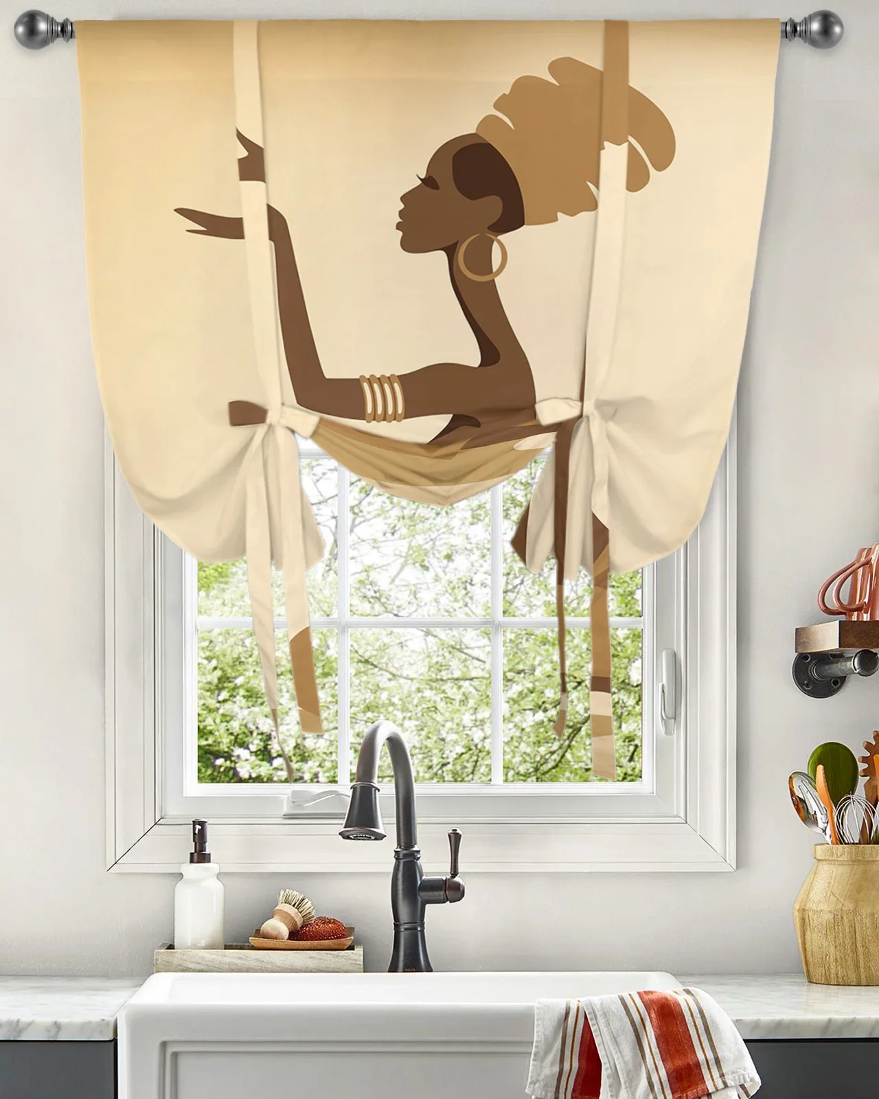 African Woman Totem Window Curtain for Living Room Bedroom Balcony Cafe Kitchen Tie-up Roman Curtain