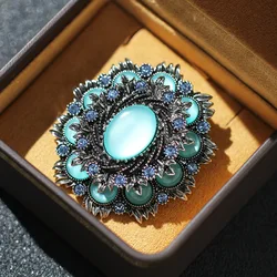 Retro High-end Blue Opal Corsage Vintage Brooches Women's Luxury Exaggerated Brooch Pin Female Gift Coat Suit Accessories