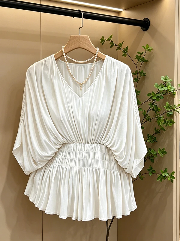 

Loose Casual V-Neck Shirt Women's plus Size Summer New Pleated Waist in Slimming Versatile Top Korean Style Breathable Skin-F...
