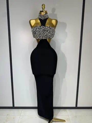 Vrouwen Sexy Backless Sparkly Crystal Diamonds Black Bodycon Bandage Jurk Celebrity Elegante Avond Club Party Verjaardag Jurken