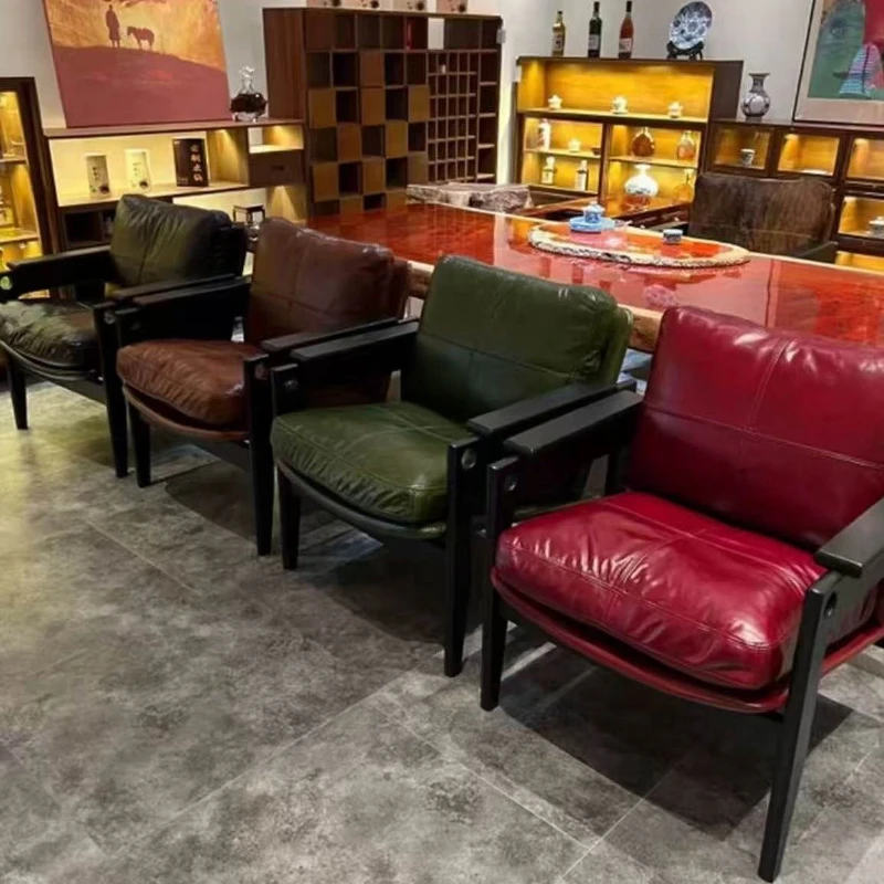 Nordic solid wood casual single sofa chair retro home balcony simple designer lazy backrest leather chair