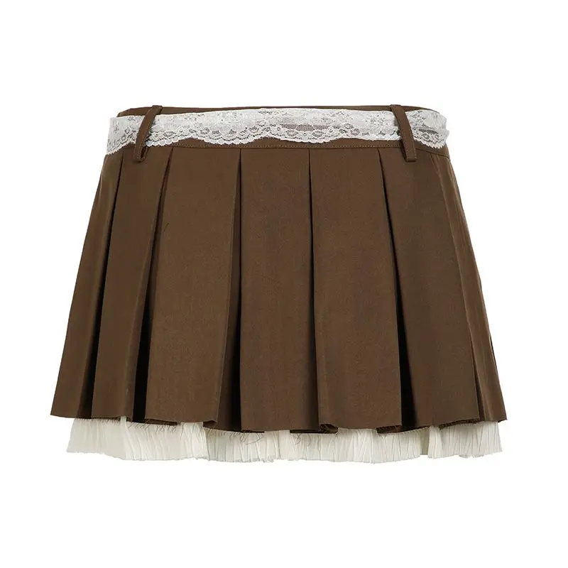 Mini Skirt Bandage Lace Belt Vintage 2000s Patchwork Loose Low Rise A-Line Pleated Skirts For Women Y2k Harajuku Clothing