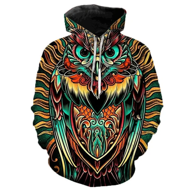 Men's Colorful Owl 3D Printed Hoodie Funny Fashion Casual Personality Hip Hop Long Sleeve Cool Pullover