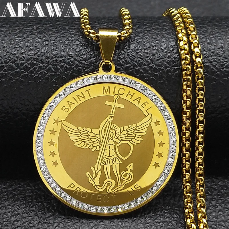 Saint Michael Archangel Medallion Necklace for Women Men Stainless Steel Gold Color Knight Shield Chain Jewelry colar NZZZ507S02