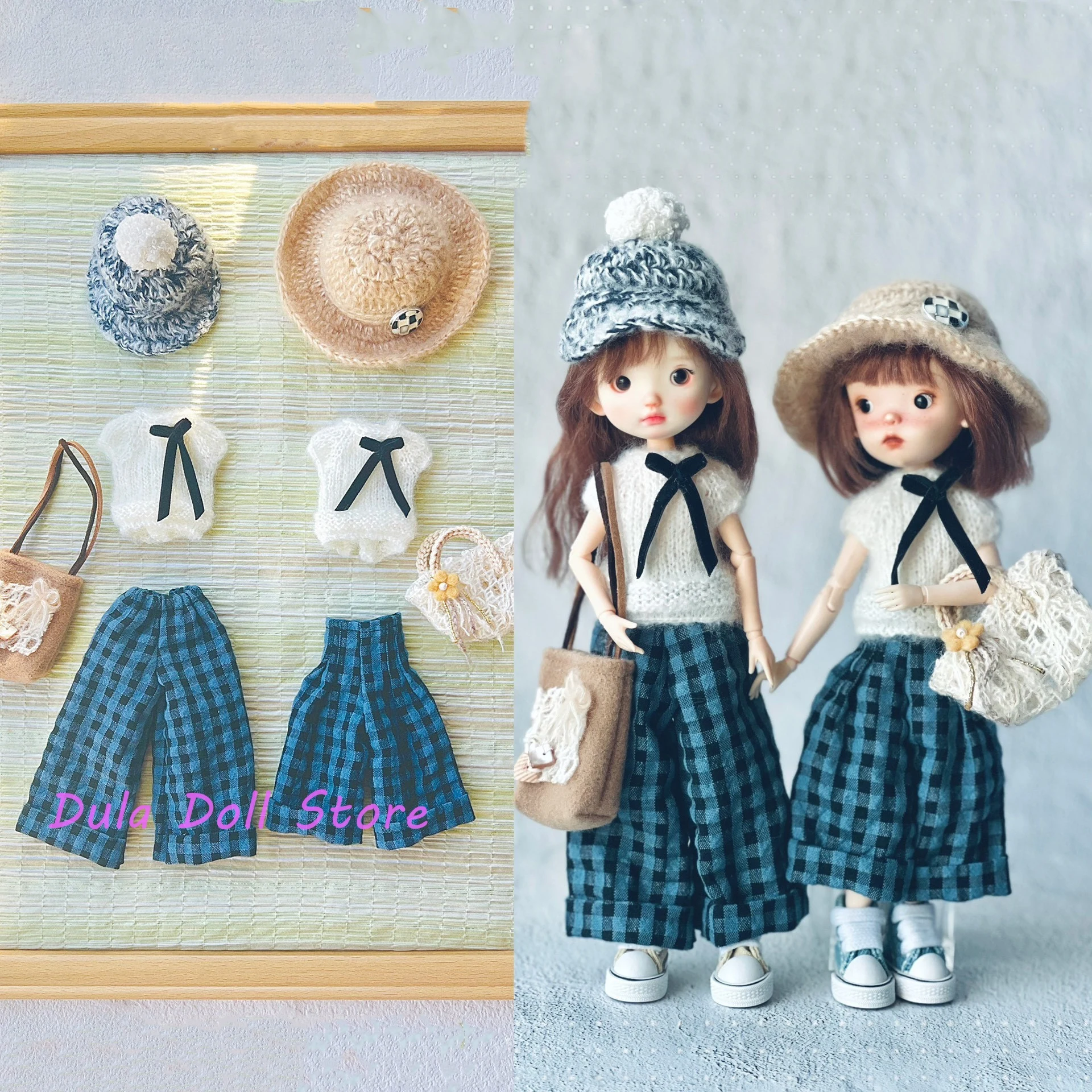 Dula 人形服ブルーチェック柄ワイドレッグパンツとニット帽子セットブライス ob24 ob22 ICY JerryB 1/6 人形アクセサリー用