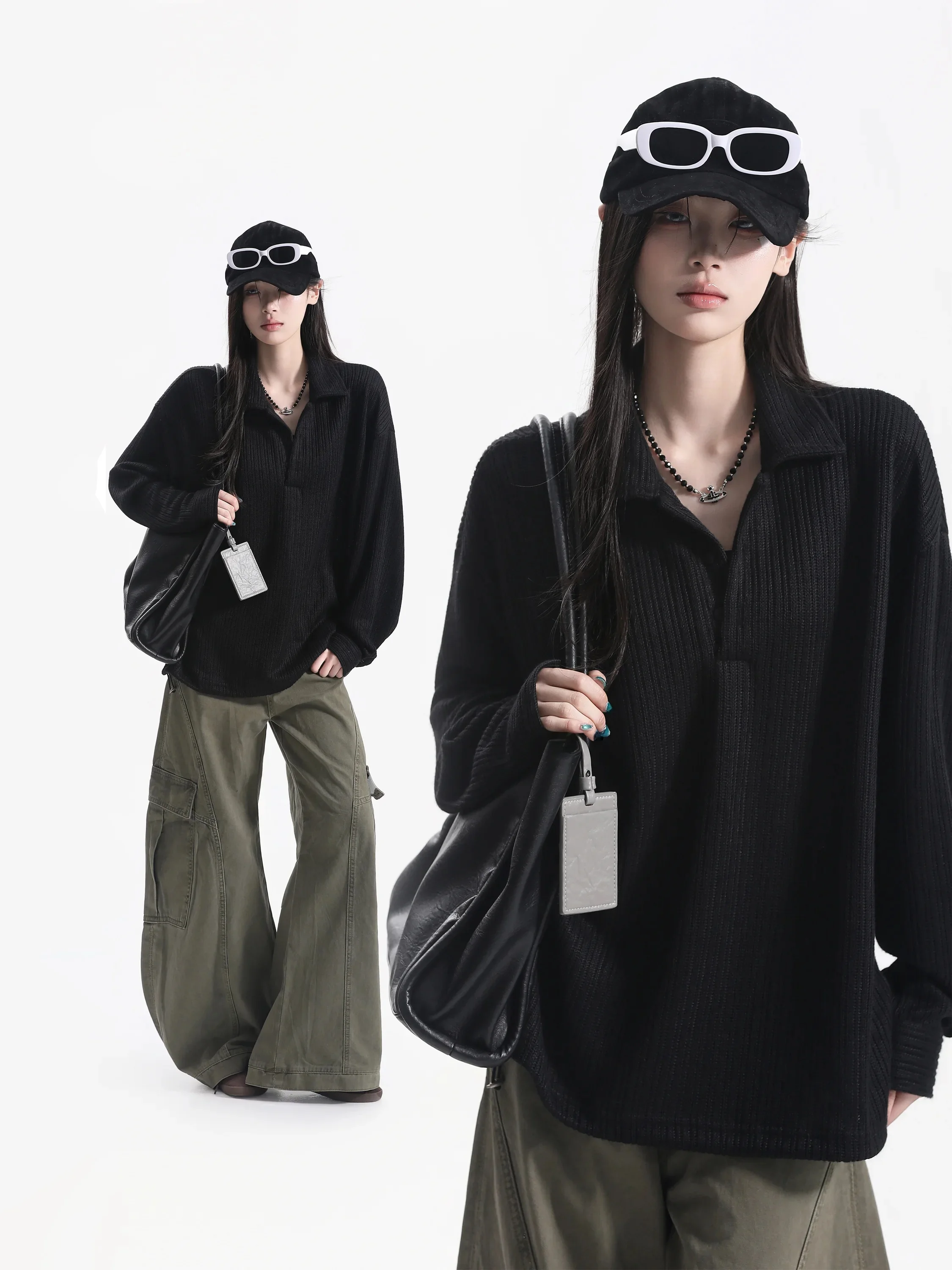 Vintage Knitted Long Sleeve T-Shirt Women's Loose Fit Casual Style Pure Color Cotton Comfortable Breathable Flip Collar Top