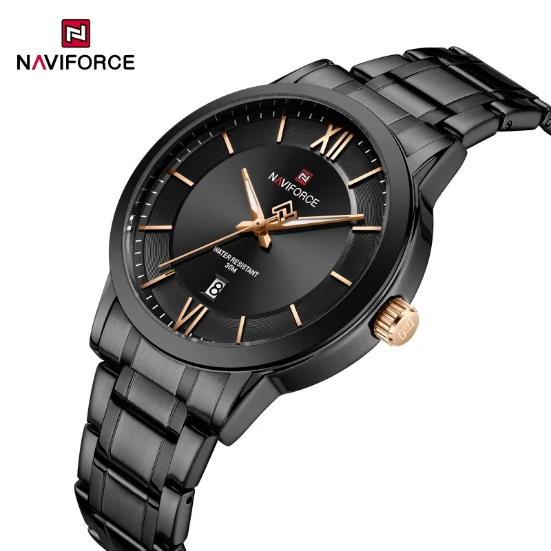 

NAVIFORCE Мужские модные деловые мужские кварцевые часы со светящимися стрелками, календарь с дисплеем, ремешок из нержавеющей стали, водонепроницаемые мужские часы 3ATM
