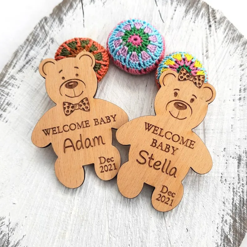 Personalized Baby Bear Wooden Magnets Baby shower favors Fridge Magnet Souvenir Custom Baptism Gifts for Baby Shower Guest