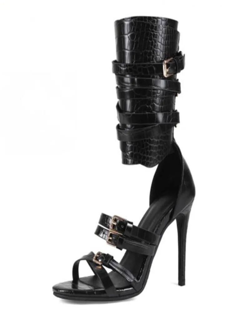 Sexy Black Leather Open Toe Cross Belt Buckle Strappy Sandals Hollow Ankle Wrap Stiletto Heels Fashion Party Stage Long Sandals view 5