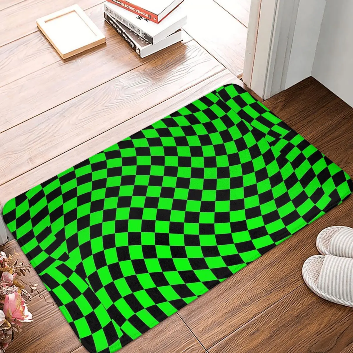 Frankenstein Horror Movie Bath Mat Neon Green Checkered Black Checkerboard Swirl Doormat Kitchen Carpet Outdoor Rug Home Decor