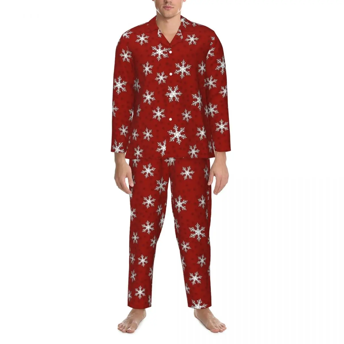 Feliz natal conjunto de pijama primavera floco de neve vermelho quente quarto pijamas masculino 2 peça vintage oversized nightwear presente aniversário