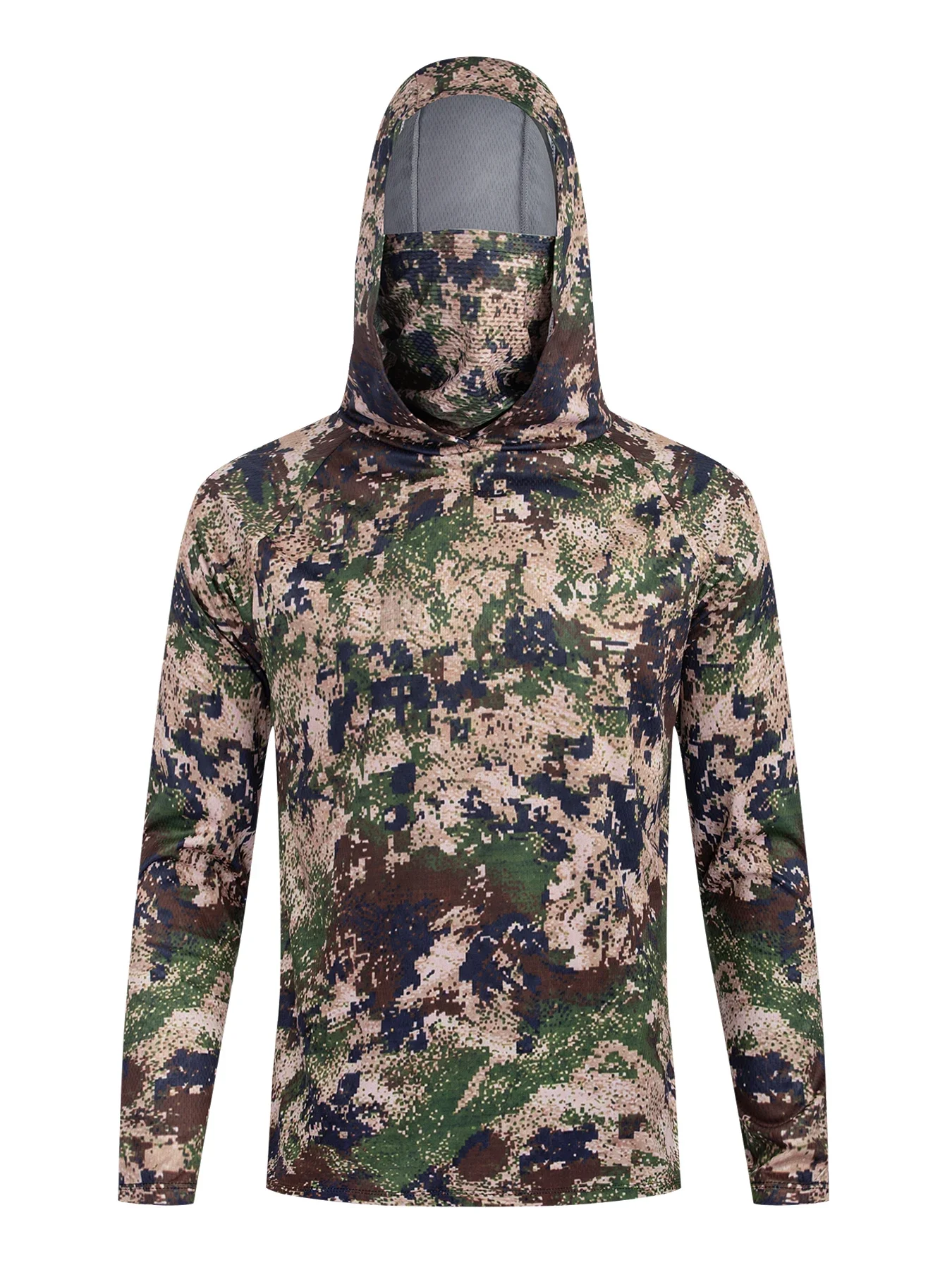 Mens Fishing Hoodie Gaiter Bass Print UPF 50+ UV Shield Fast Dry Vented Lightweight Stretchy Durable Long Sleeve Angling Wear
