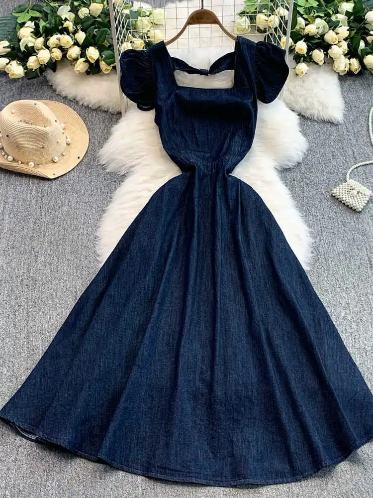 

Elegant Backless Women's Denim Dress High Quality Commuting A-line Dresses Simple Solid Color Square Neck Ankle Length Skirt