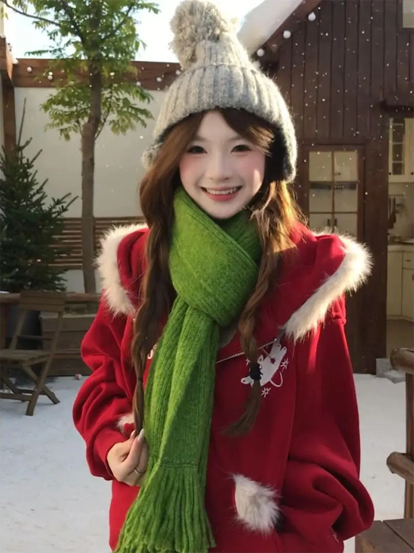 

Женская теплая универсальная толстовка с капюшоном и ушками, на флисовой подкладке, с забавным принтом, осенне-зимняя, из высококачественного хлопка, с длинными рукавами, на молнии