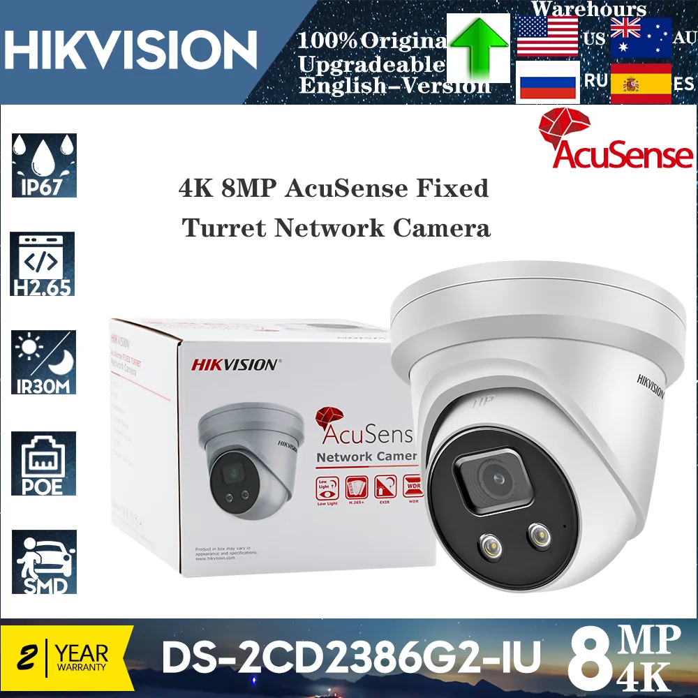 

Hikvision 8MP DS-2CD2386G2-IU 4K POE WDR IR Built-in Mic AcuSense Network Turret IP Camera Human Vehicle Detection DarkFighter