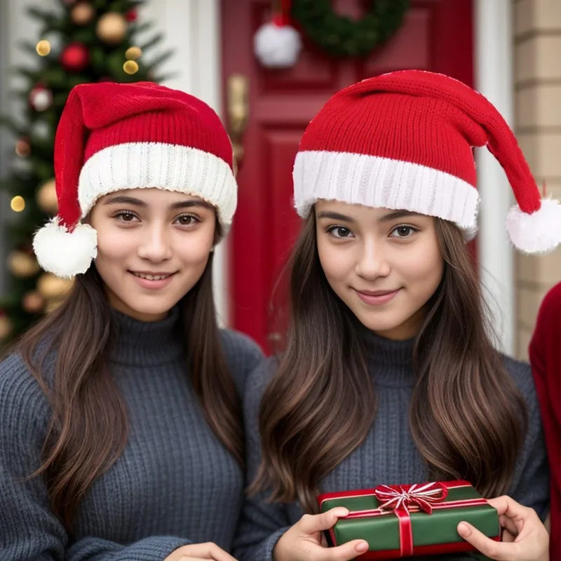 Großhandel klassische rote Weihnachtsmützen für Herbst und Winter, gestrickte Eltern-Kind-Mützen, festliche Outfits für Weihnachtsmann