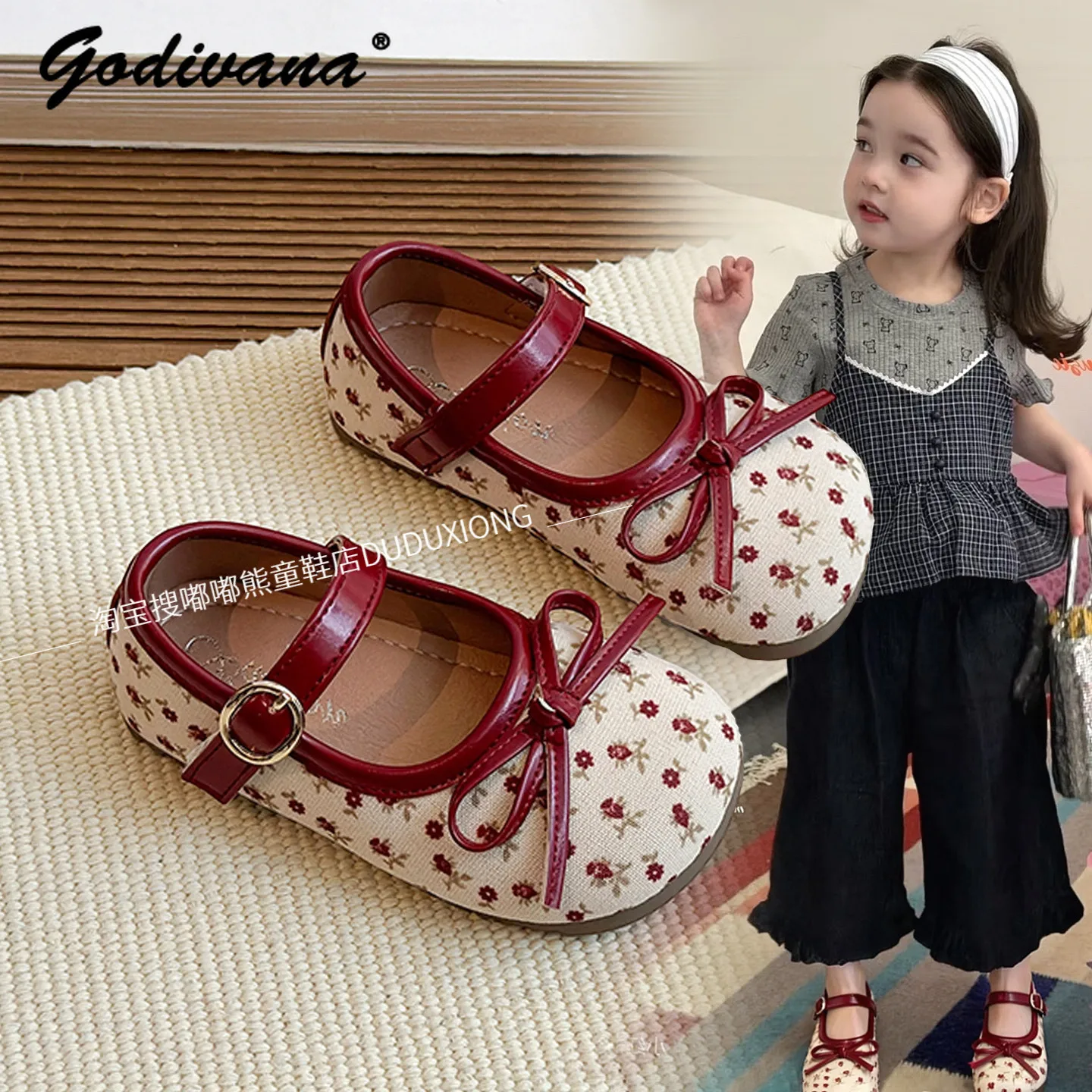 

Korean Sweet Baby Girls Mary Jane Princess Shoes 2026 Spring New Kids Cute Floral Print Bow Soft Flat Non-slip Leather Shoes