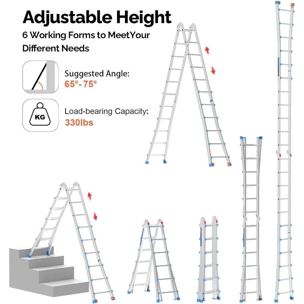 سلم تصغير ذو 6 خطوات - تصل إلى 22 قدمًا، قابل للطي متعدد المواضع، أرجل وعجلات واسعة، سعة 330 رطل، تمديد طويل المدى