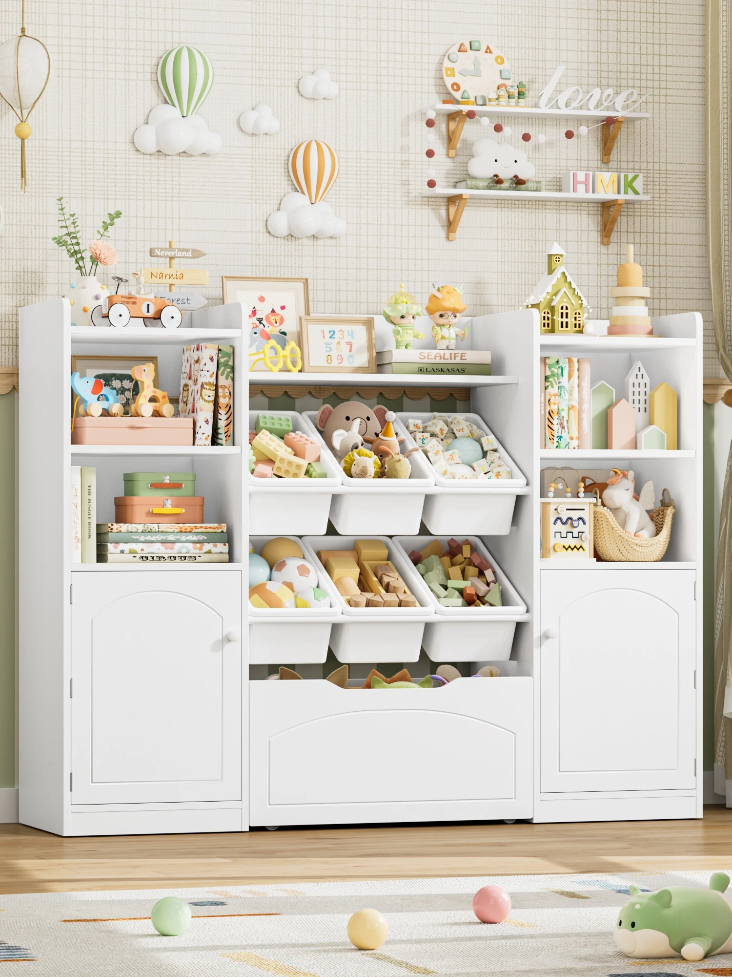 Getone kinderregal kinderzimmer möbel Spielzeugtruhe Bücherregal kinderschrank mit 15 Regalen 6 Boxen 1 Schublade 140x33x108.2cm