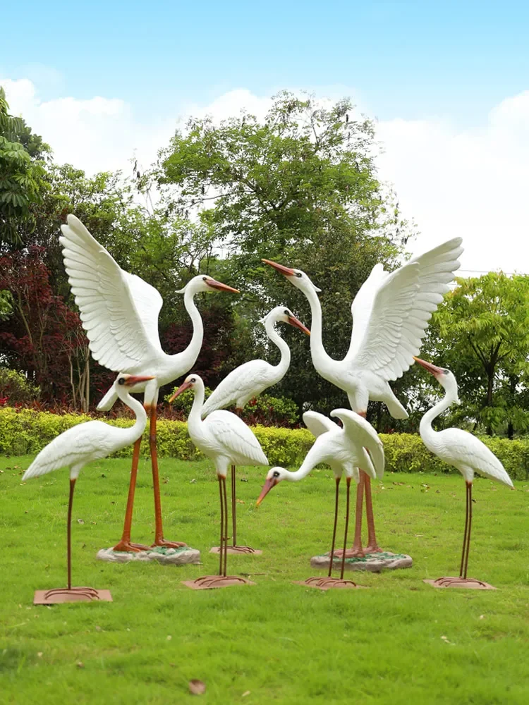 Simulated Egret Ornament Crane Sculpture Fiberglass Animal Outdoor Garden Pool